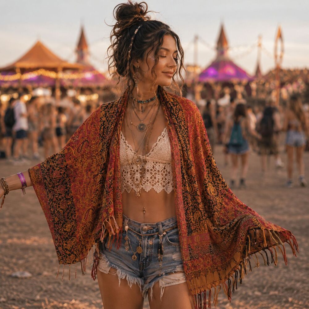 Y2K Festival Rave Pashmina Scarf Bohemian Hippie Fringe Shawl Coverup